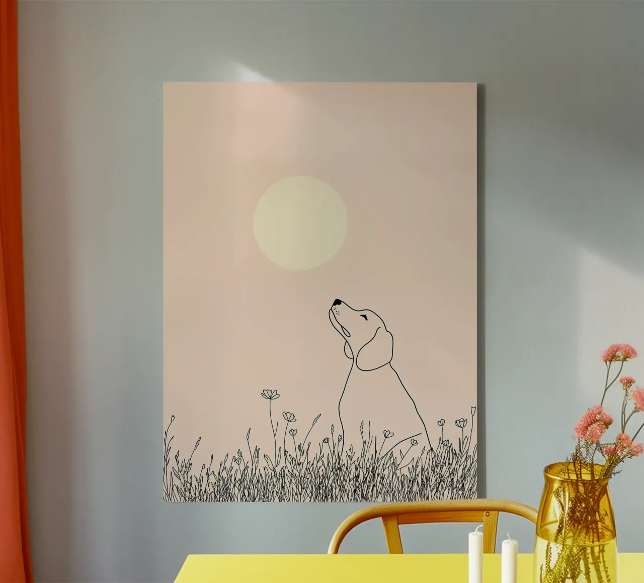 Minimalist Line Drawing of a Dog Watching the Sun | Modern A canvas with Floater frame by Viv Line Art