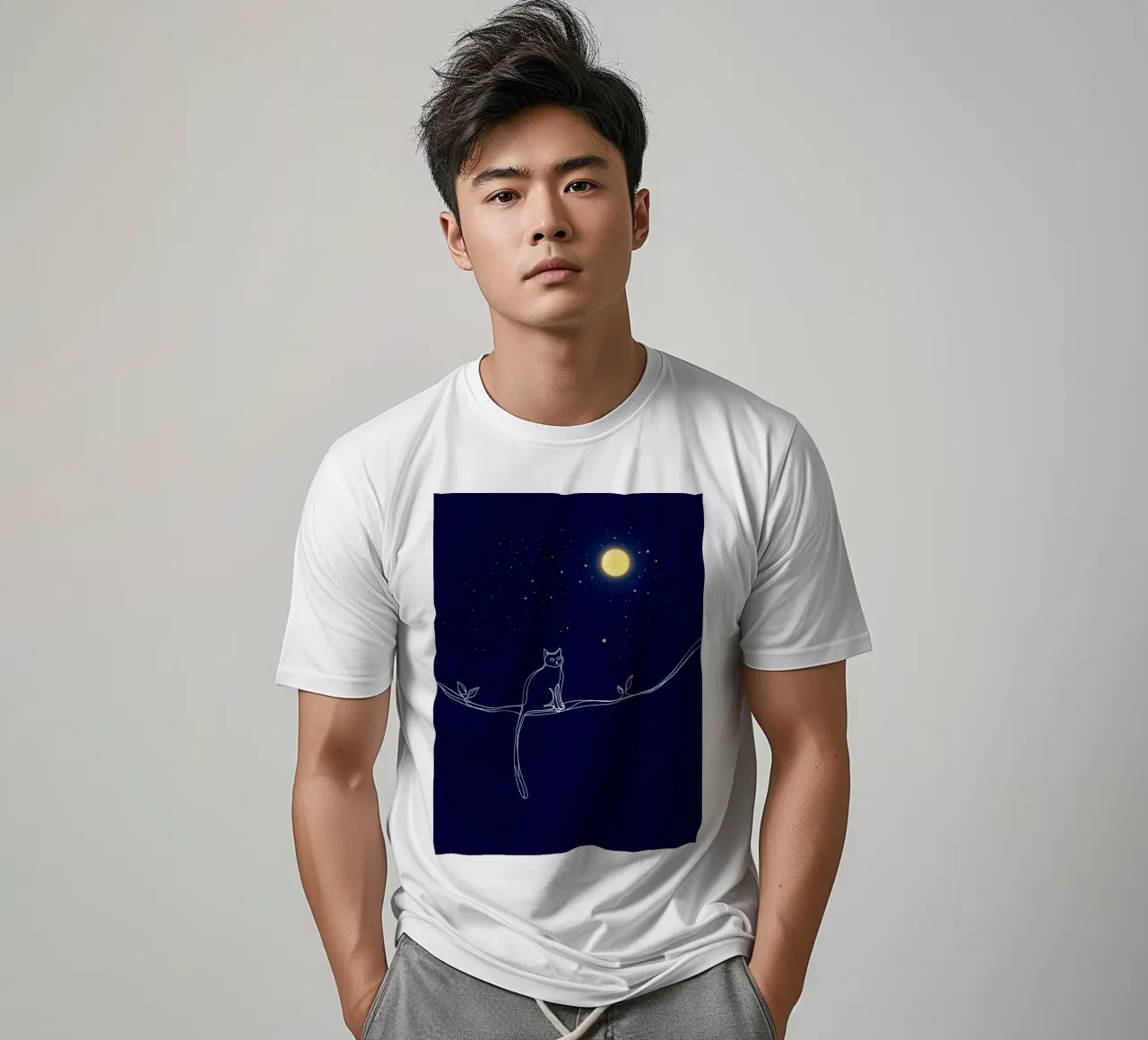Minimalist Line Drawing of a Cat on a Wire Looking at the Mo t-shirt by Viv Line Art