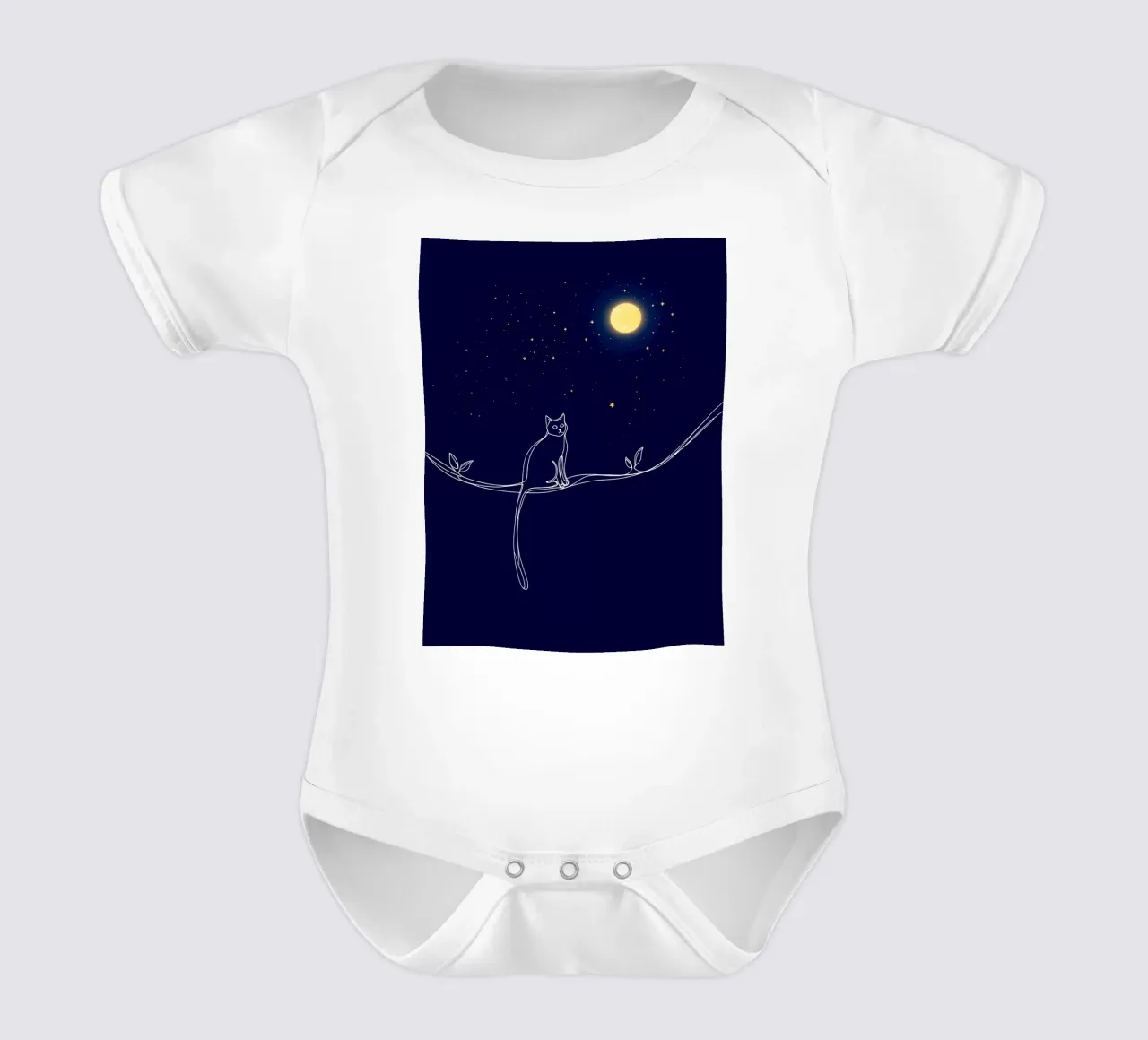 Minimalist Line Drawing of a Cat on a Wire Looking at the Mo short-sleeve baby romper by Viv Line Art