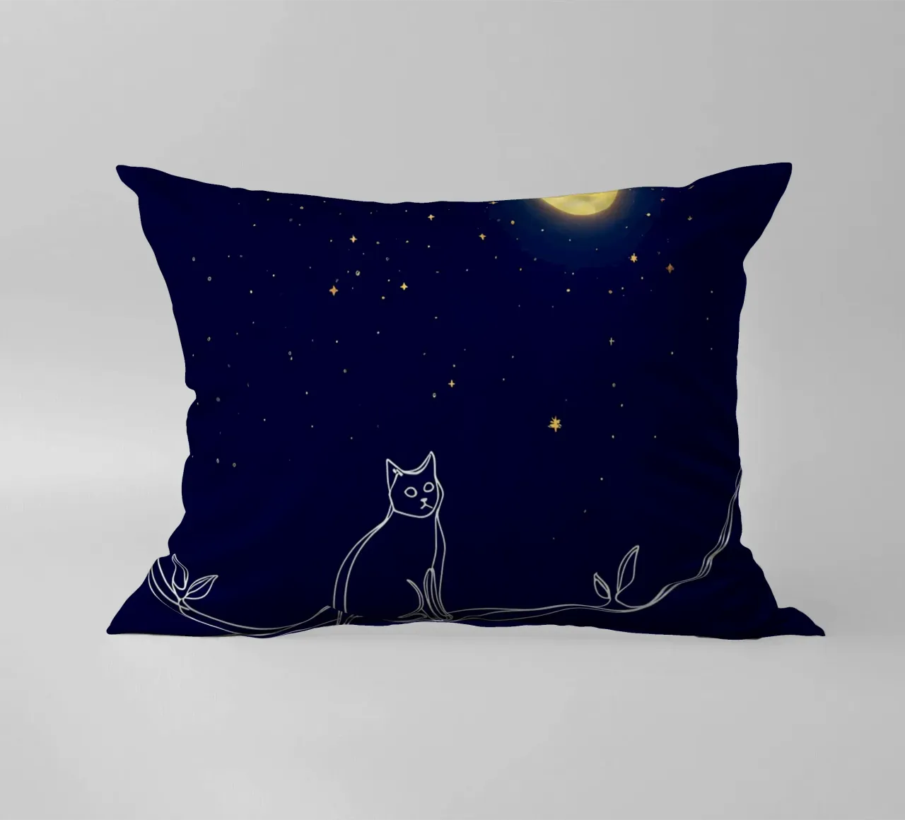 Minimalist Line Drawing of a Cat on a Wire Looking at the Mo decorative cushion by Viv Line Art