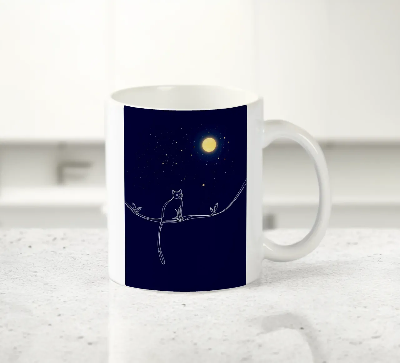 Minimalist Line Drawing of a Cat on a Wire Looking at the Mo ceramic mug by Viv Line Art