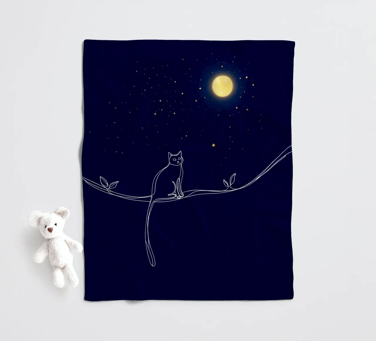 Minimalist Line Drawing of a Cat on a Wire Looking at the Mo fleece blanket by Viv Line Art