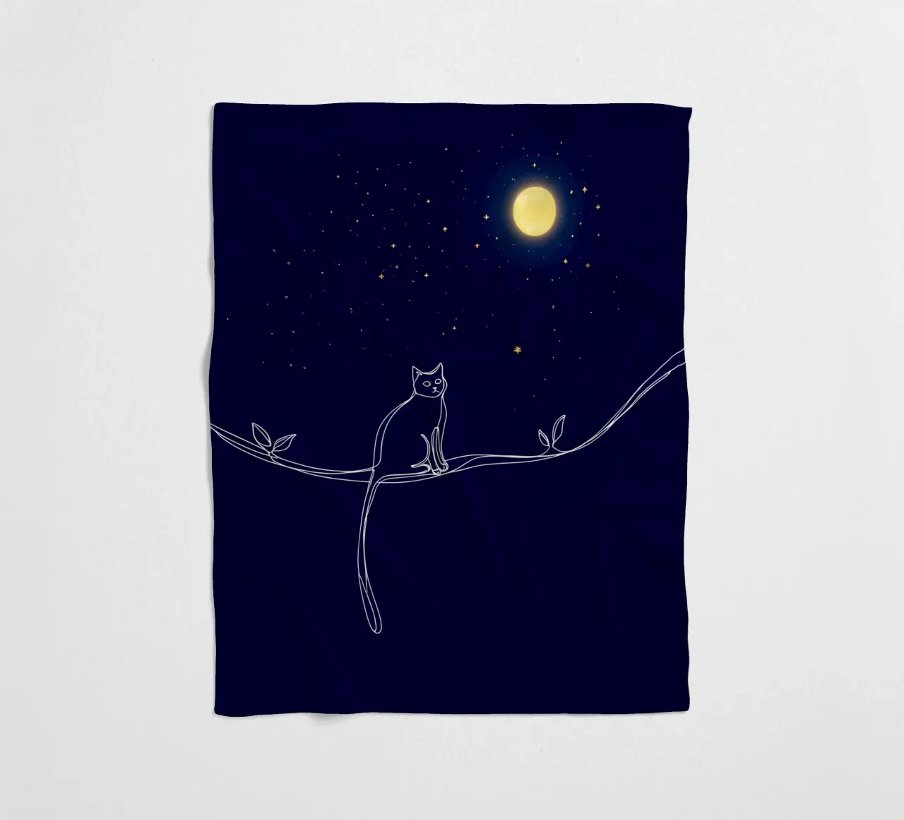 Minimalist Line Drawing of a Cat on a Wire Looking at the Mo fleece blanket by Viv Line Art