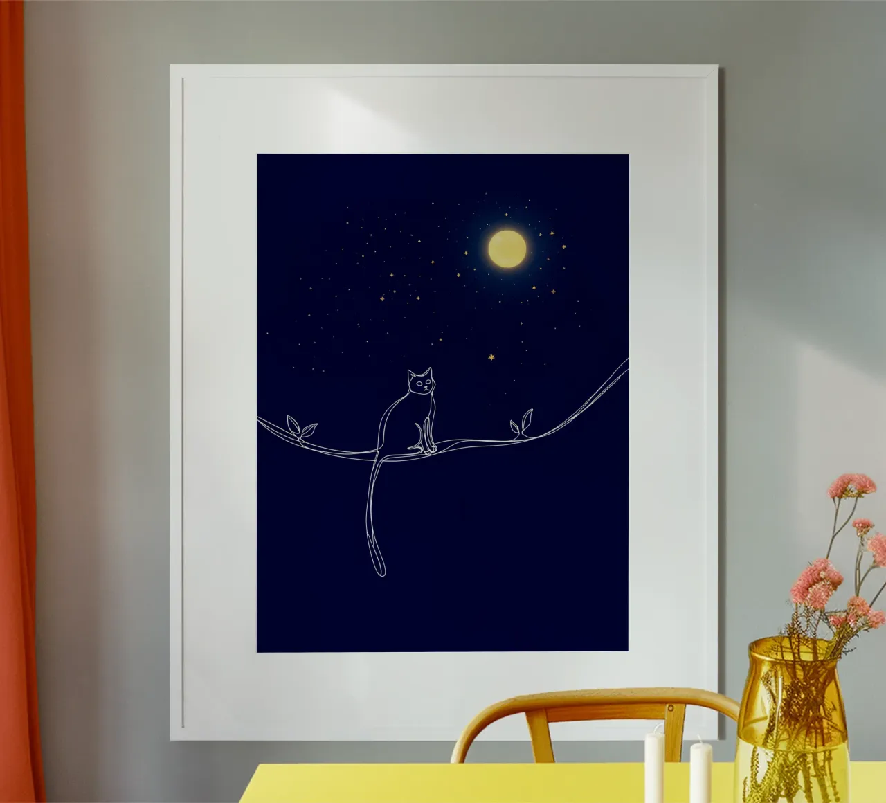 Minimalist Line Drawing of a Cat on a Wire Looking at the Mo hahnemühle by Viv Line Art