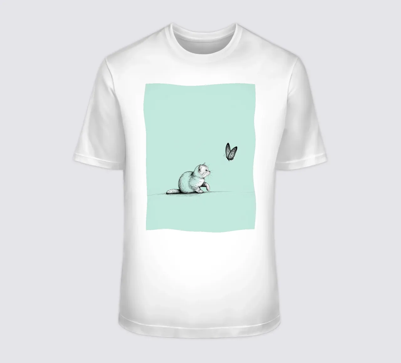 Disegno lineare minimalista di un gatto con farfalla | Abs moderno t-shirt da Viv Line Art