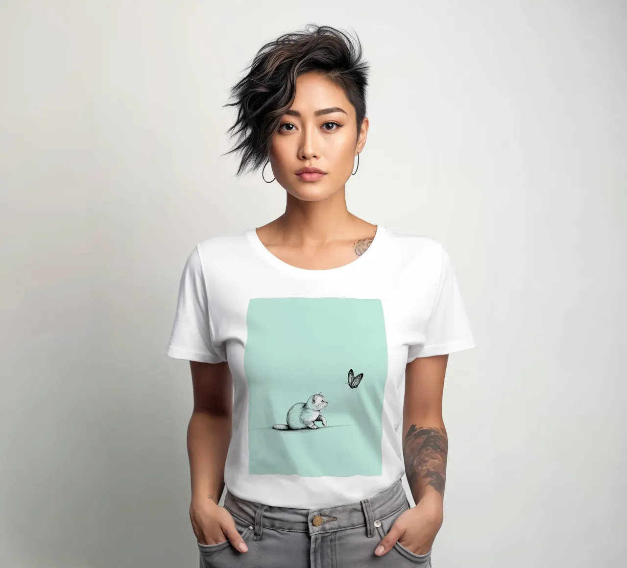 Minimalist Line Drawing of a Cat with Butterfly | Modern Abs women's fitted t-shirt by Viv Line Art