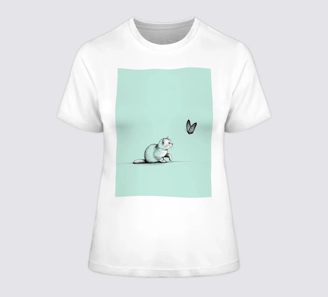 Minimalist Line Drawing of a Cat with Butterfly | Modern Abs women's fitted t-shirt by Viv Line Art