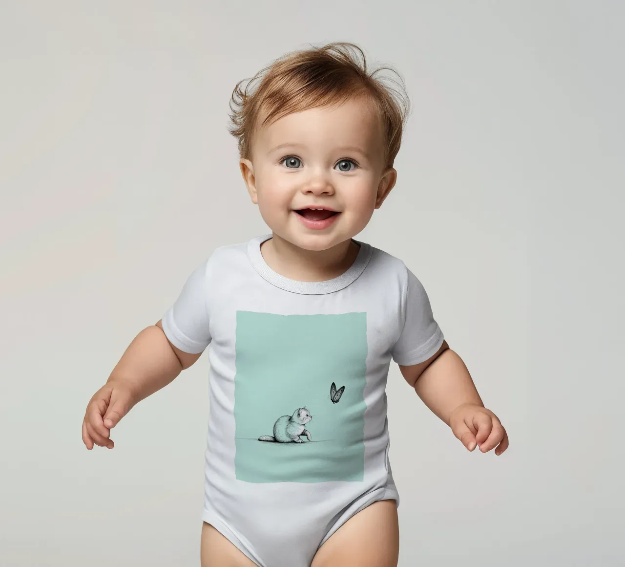 Dessin au trait minimaliste d'un chat avec un papillon | Abs moderne body bébé de Viv Line Art
