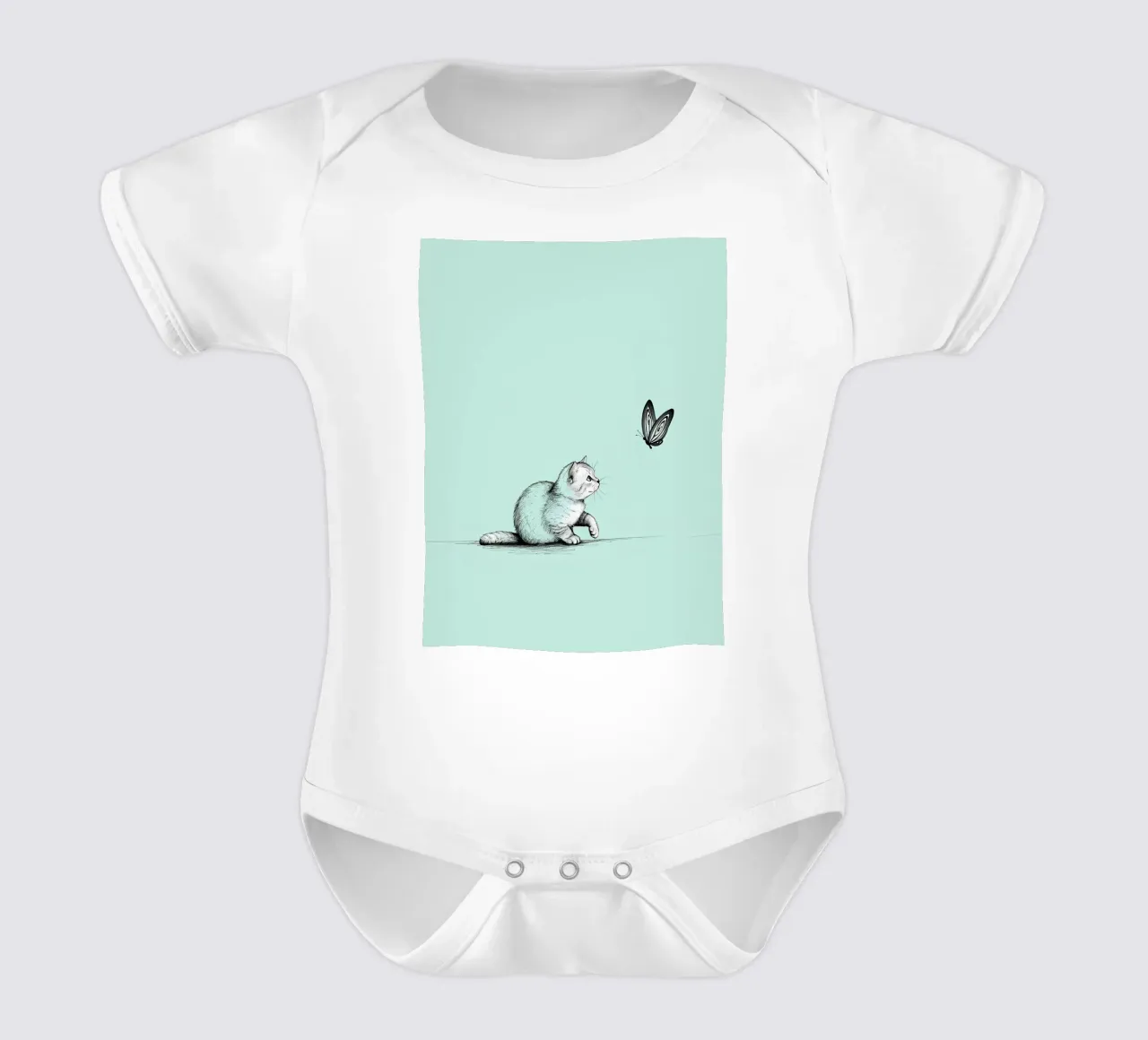 Dessin au trait minimaliste d'un chat avec un papillon | Abs moderne body bébé de Viv Line Art