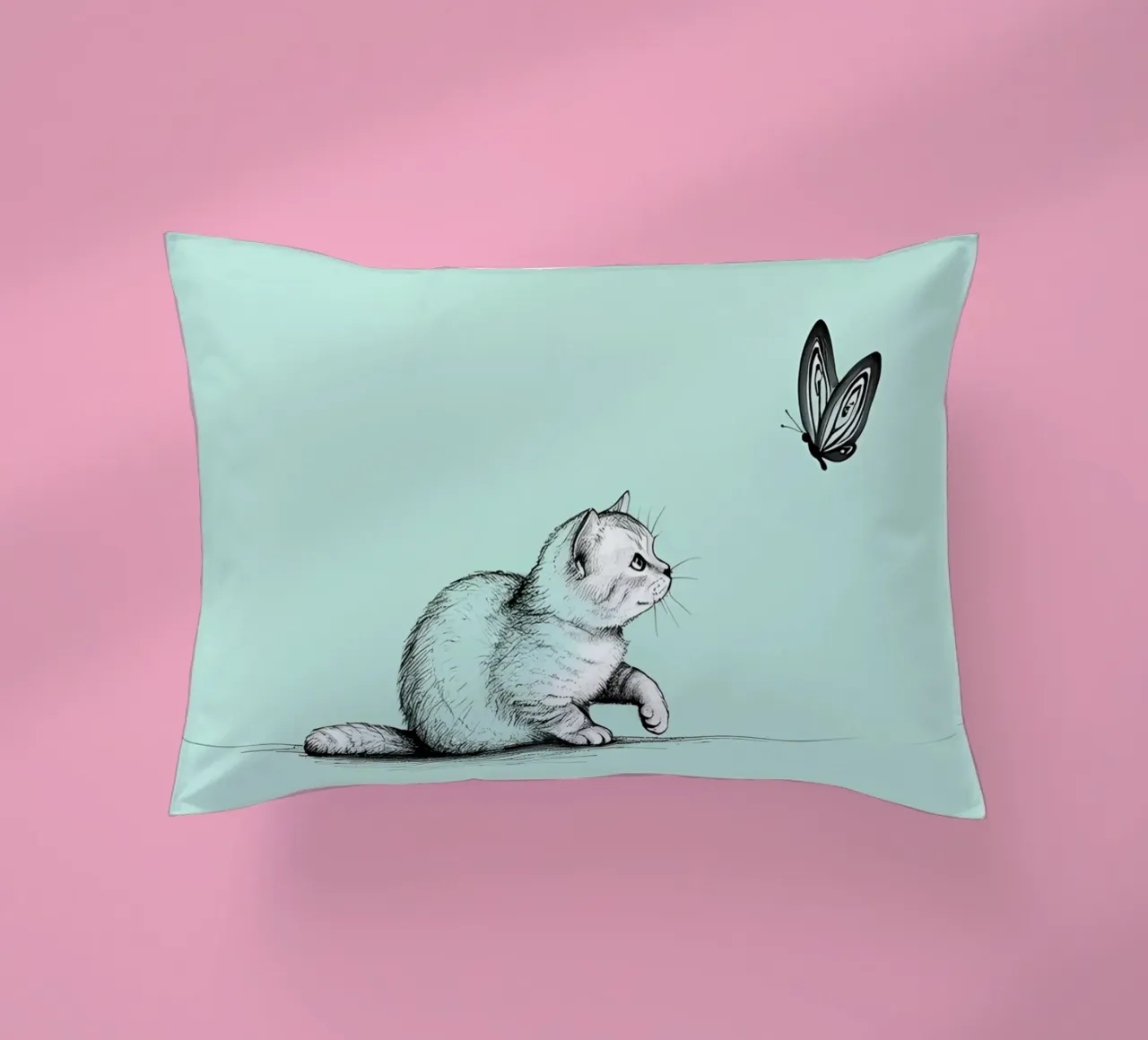 Disegno lineare minimalista di un gatto con farfalla | Abs moderno cuscino da Viv Line Art