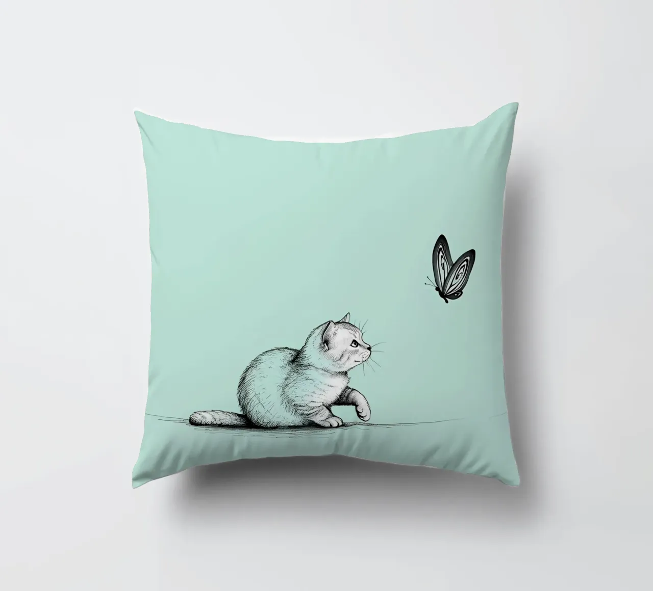 Disegno lineare minimalista di un gatto con farfalla | Abs moderno cuscino da Viv Line Art