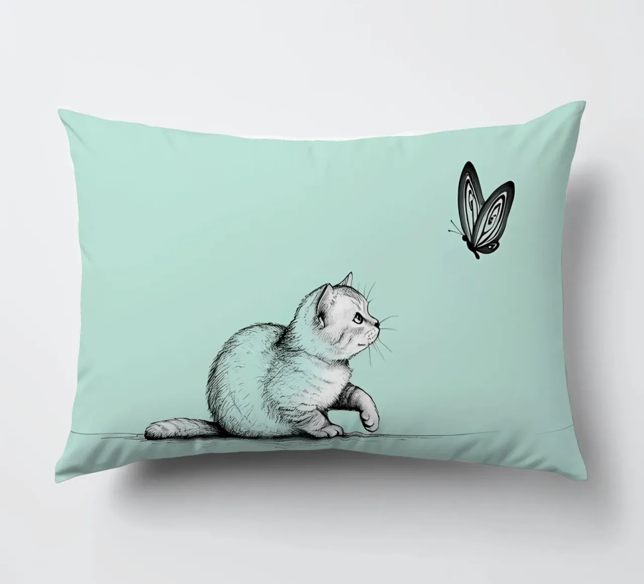 Disegno lineare minimalista di un gatto con farfalla | Abs moderno cuscino da Viv Line Art
