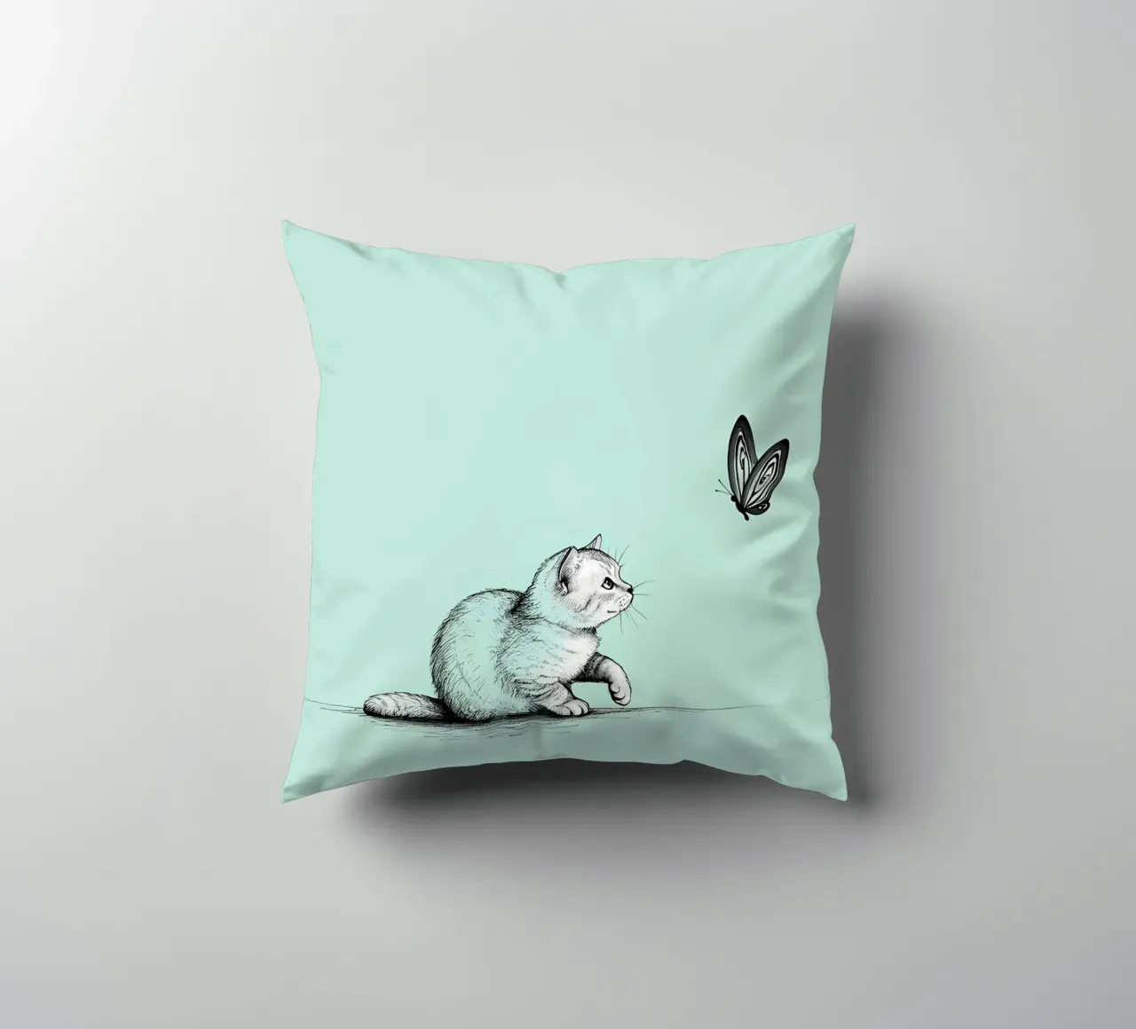 Disegno lineare minimalista di un gatto con farfalla | Abs moderno cuscino da Viv Line Art