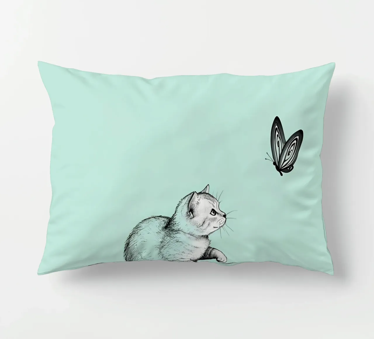 Disegno lineare minimalista di un gatto con farfalla | Abs moderno cuscino da Viv Line Art