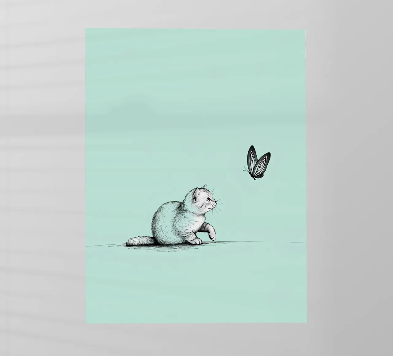 Minimalist Line Drawing of a Cat with Butterfly | Modern Abs backlit film by Viv Line Art