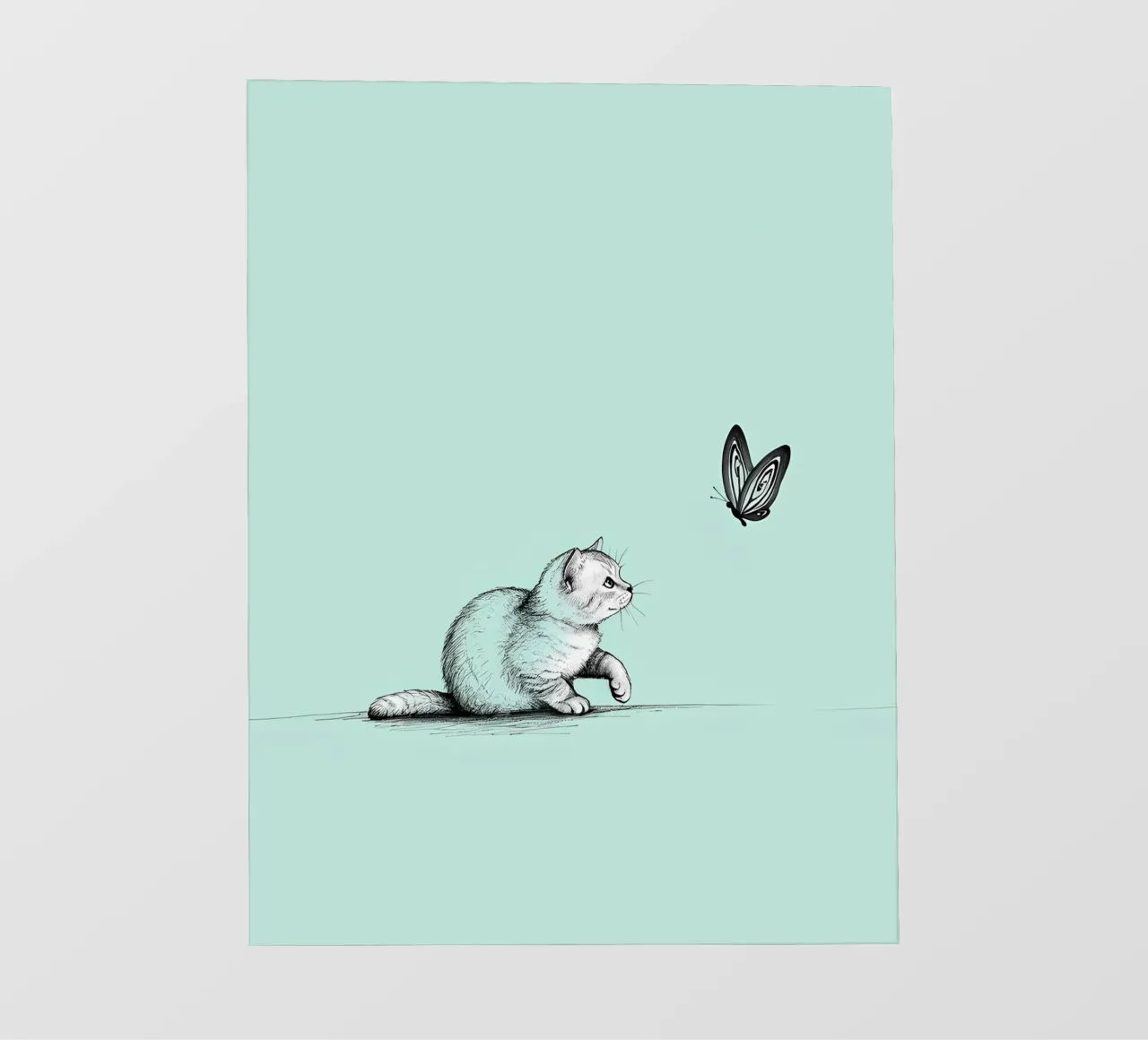 Minimalist Line Drawing of a Cat with Butterfly | Modern Abs backlit film by Viv Line Art