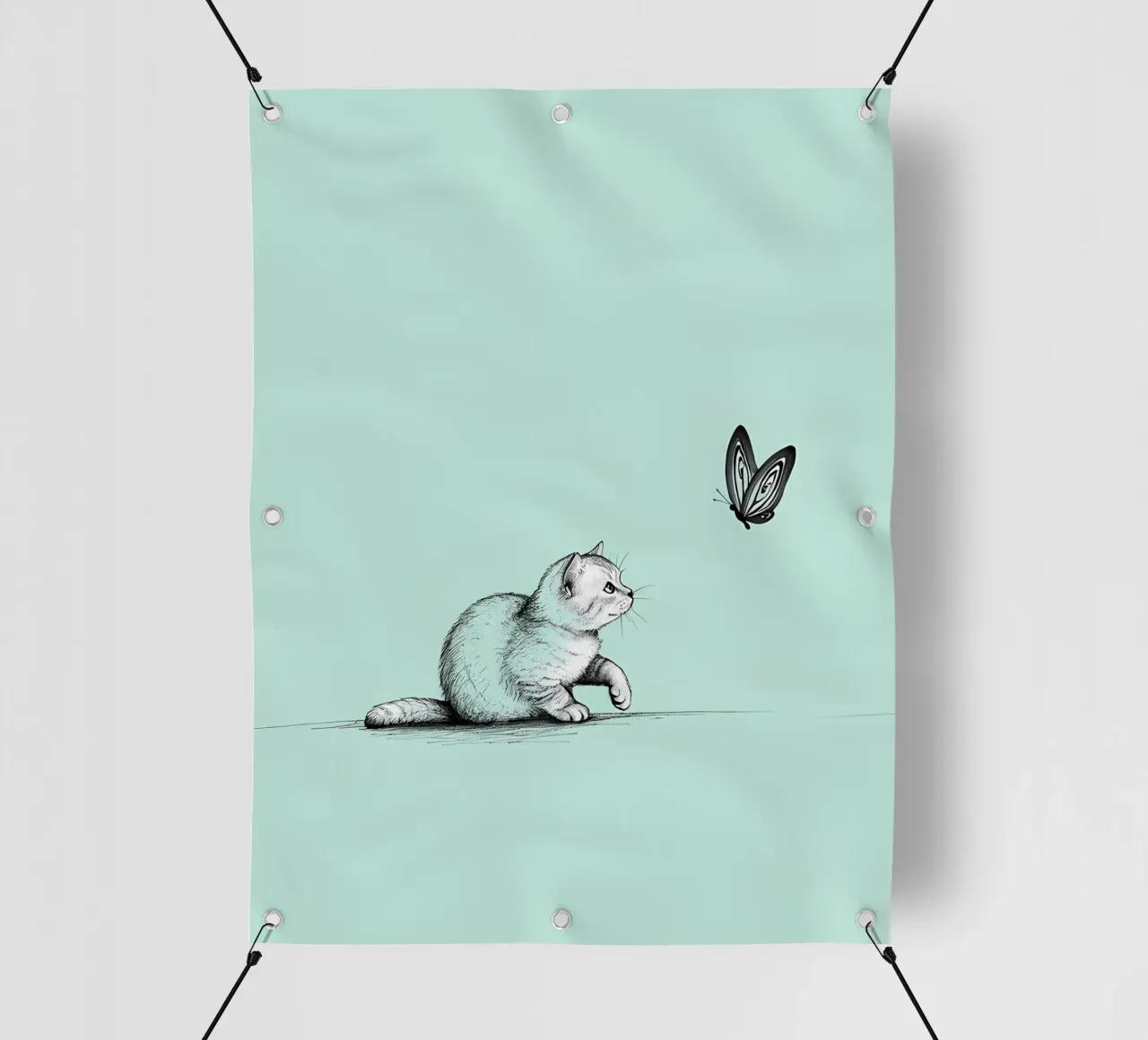 Disegno lineare minimalista di un gatto con farfalla | Abs moderno telo in pvc da Viv Line Art