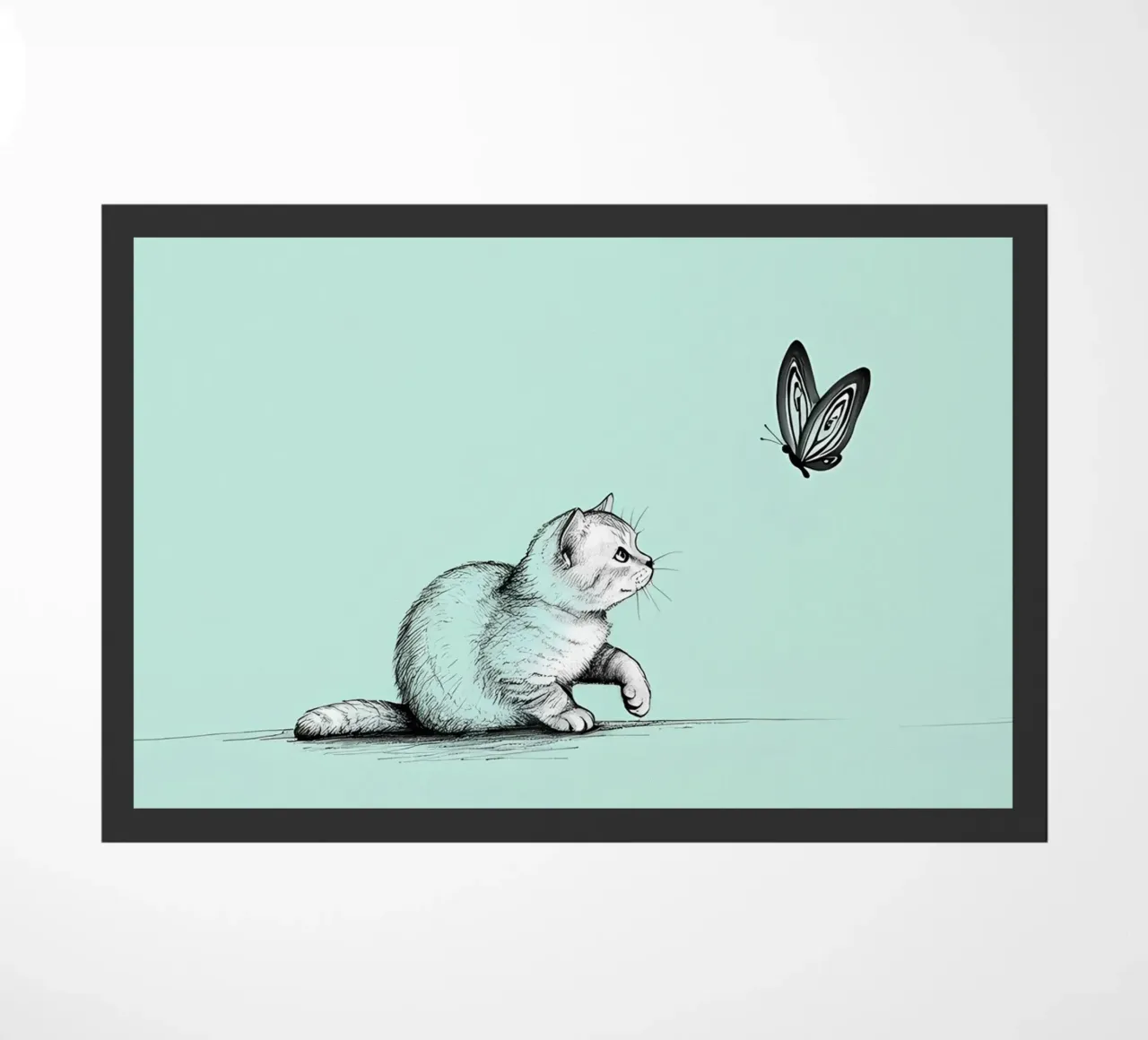 Disegno lineare minimalista di un gatto con farfalla | Abs moderno zerbino da Viv Line Art