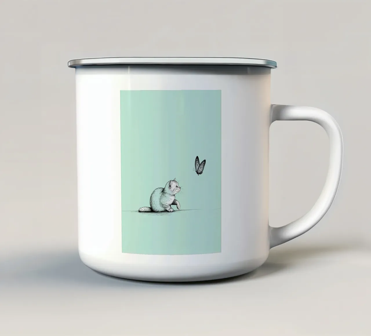 Disegno lineare minimalista di un gatto con farfalla | Abs moderno tazza in smalto da Viv Line Art