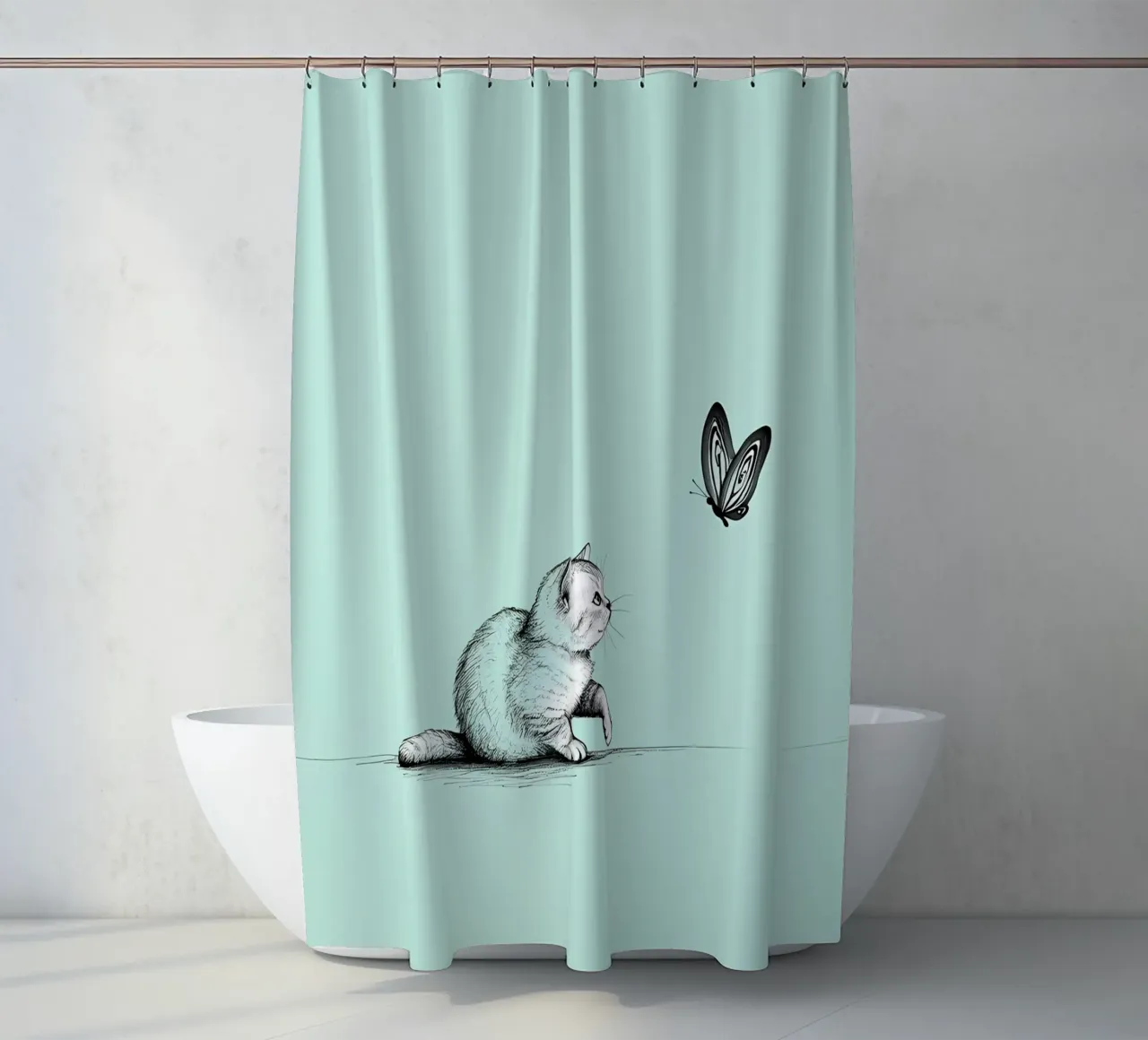 Disegno lineare minimalista di un gatto con farfalla | Abs moderno tenda da doccia da Viv Line Art