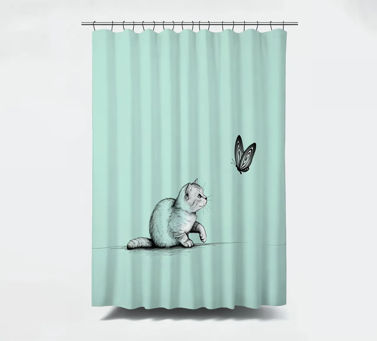 Disegno lineare minimalista di un gatto con farfalla | Abs moderno tenda da doccia da Viv Line Art