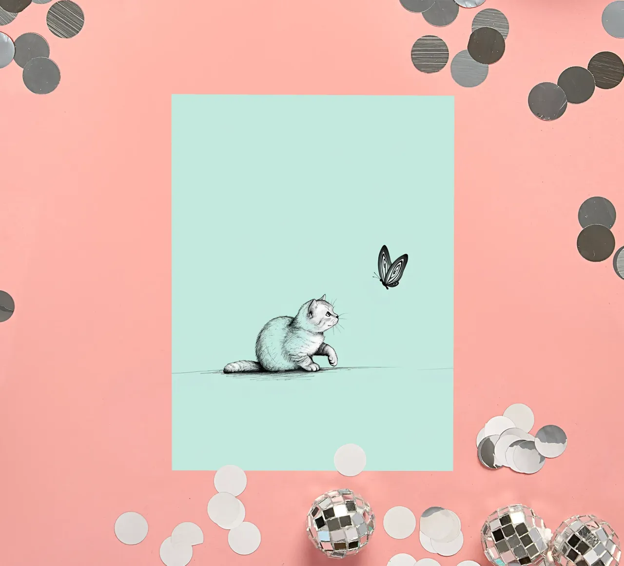 Disegno lineare minimalista di un gatto con farfalla | Abs moderno adesivo da Viv Line Art