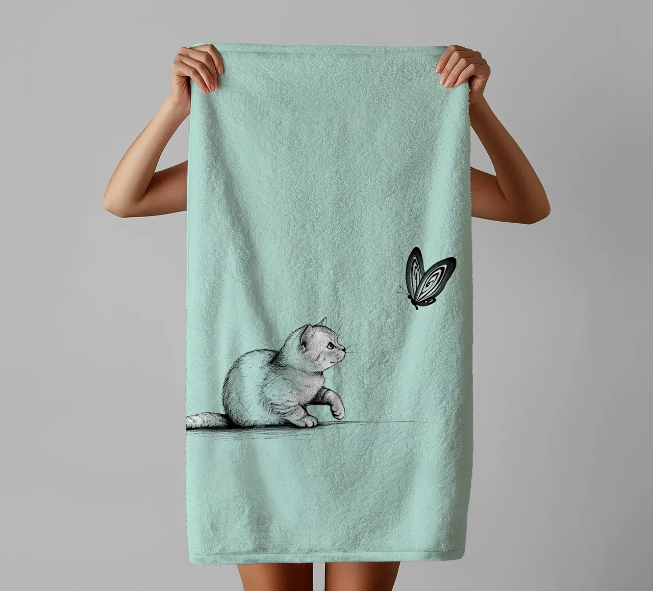 Minimalist Line Drawing of a Cat with Butterfly | Modern Abs towel by Viv Line Art