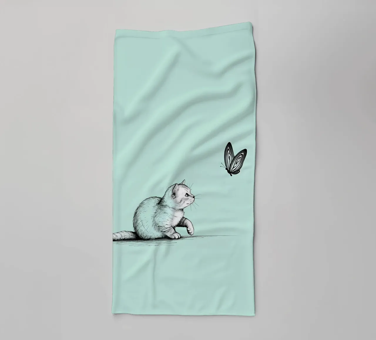 Minimalist Line Drawing of a Cat with Butterfly | Modern Abs towel by Viv Line Art