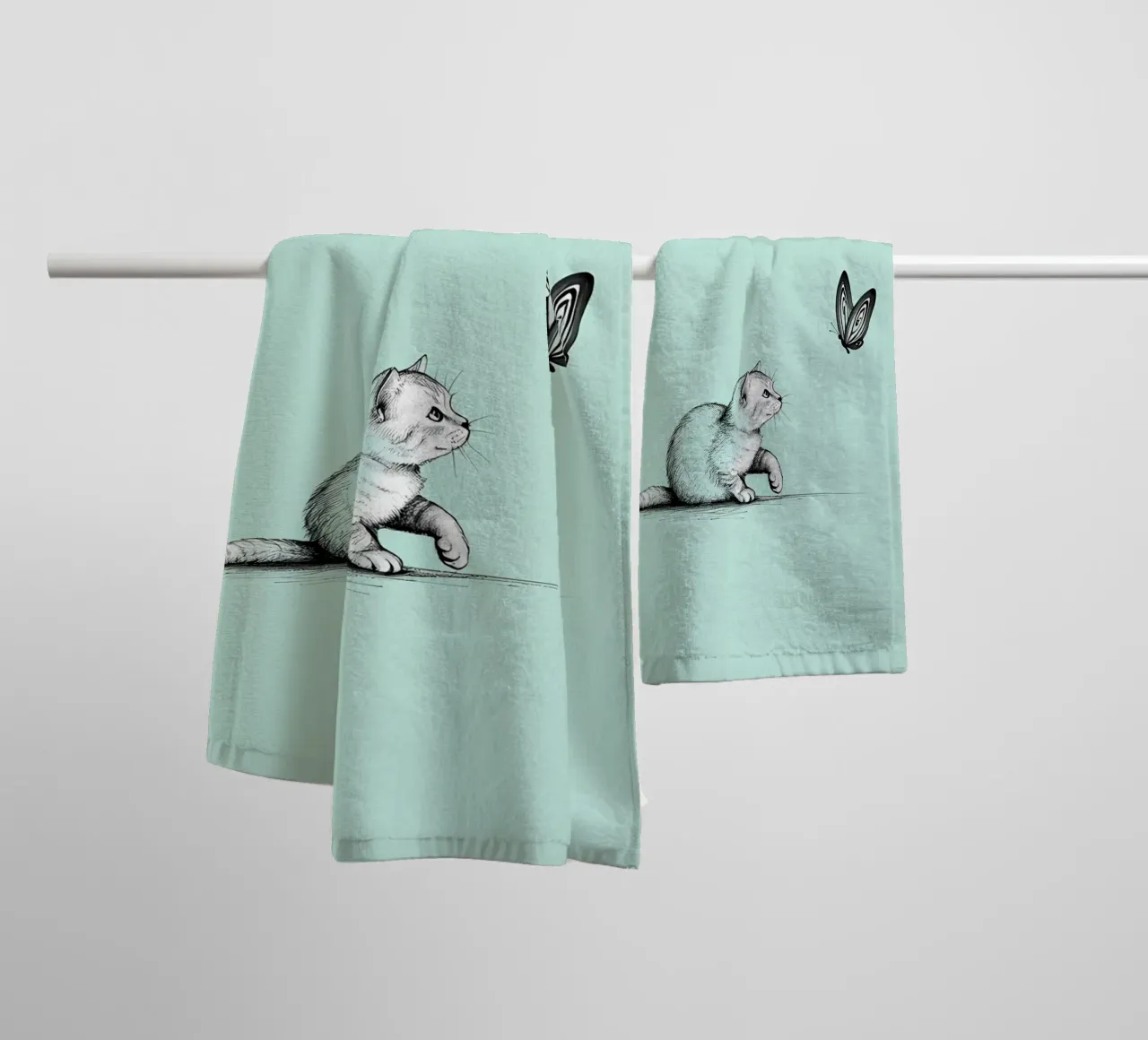 Minimalist Line Drawing of a Cat with Butterfly | Modern Abs towel by Viv Line Art