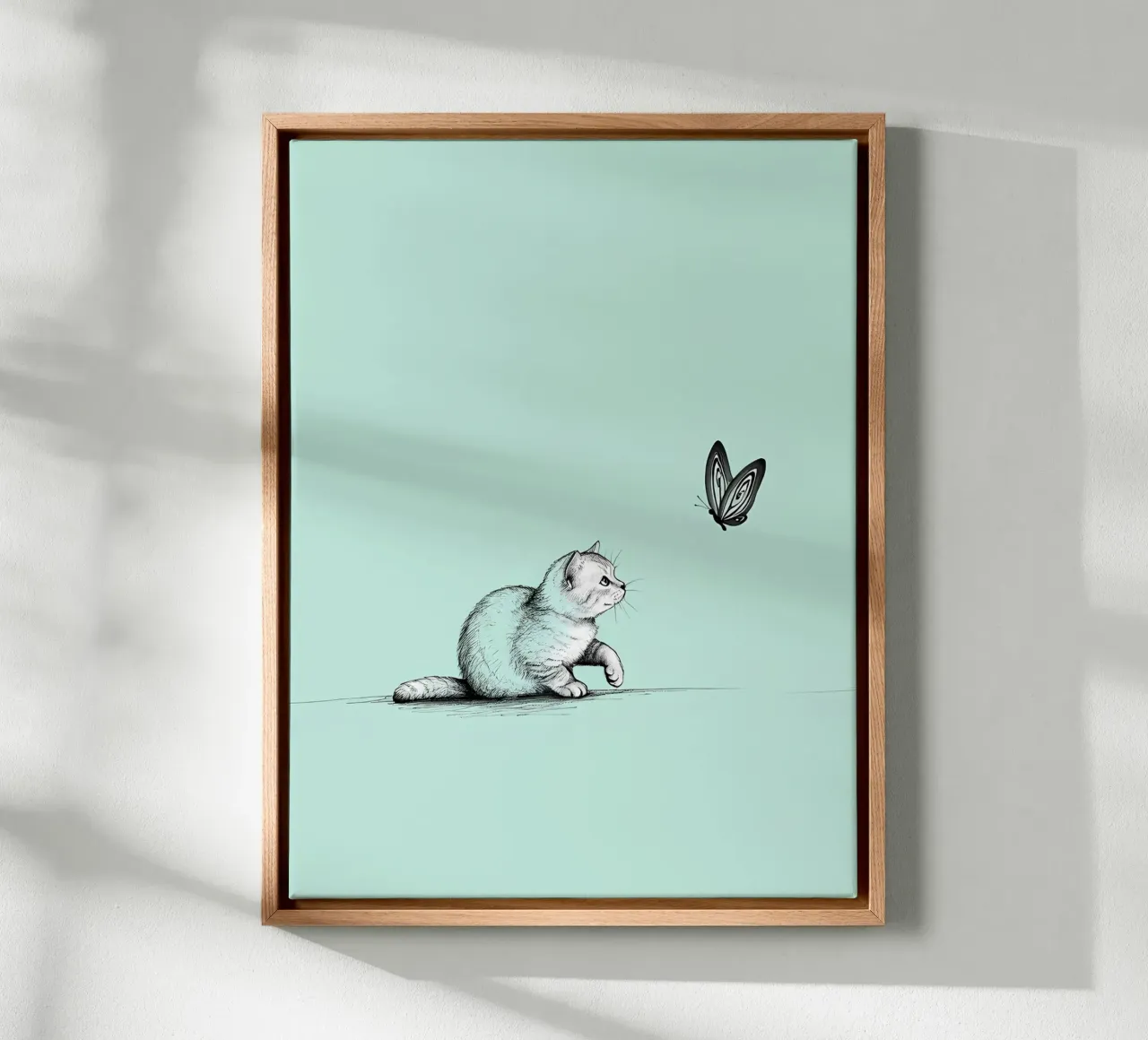 Disegno lineare minimalista di un gatto con farfalla | Abs moderno tela da Viv Line Art