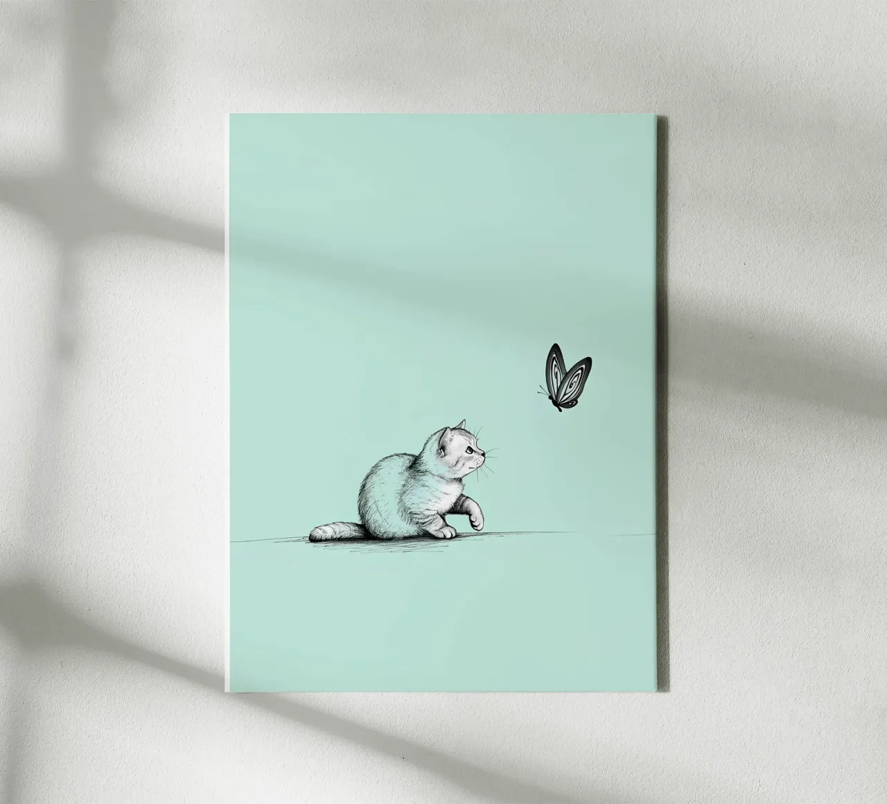 Disegno lineare minimalista di un gatto con farfalla | Abs moderno tela da Viv Line Art