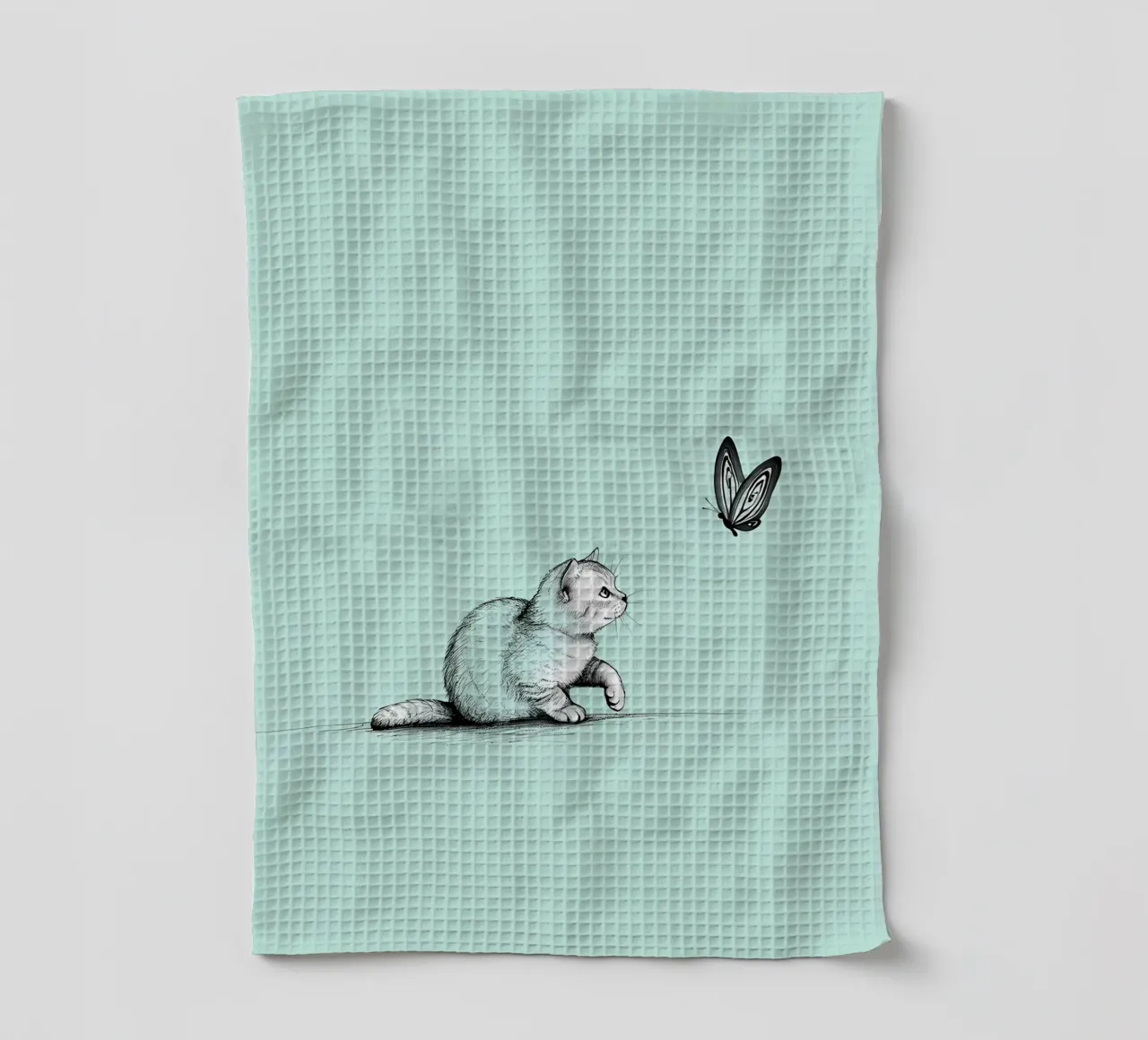 Disegno lineare minimalista di un gatto con farfalla | Abs moderno canovaccio da cucina da Viv Line Art