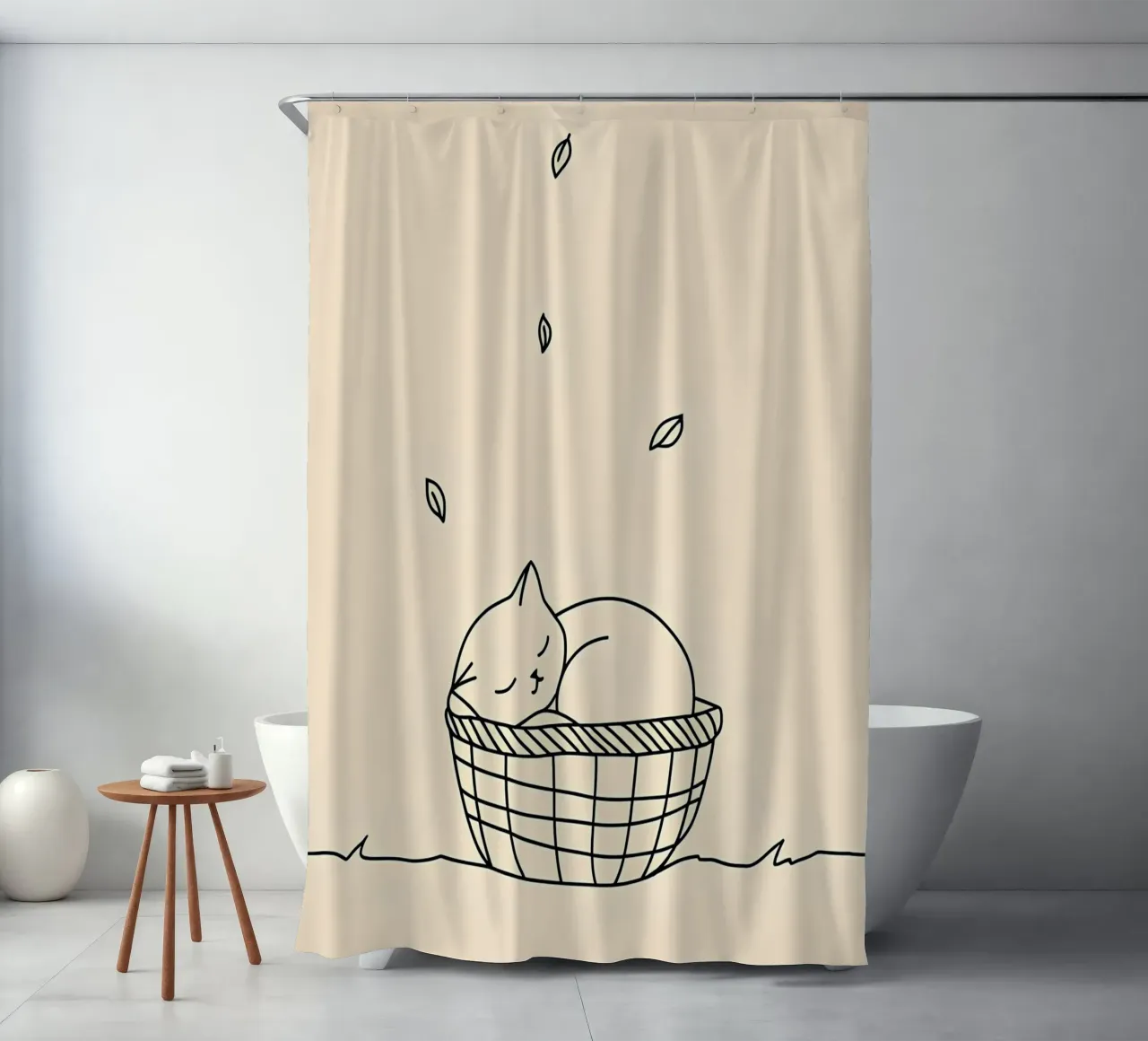 Minimalist Line Drawing of a Cat in a Basket | Modern Abstra shower curtain by Viv Line Art