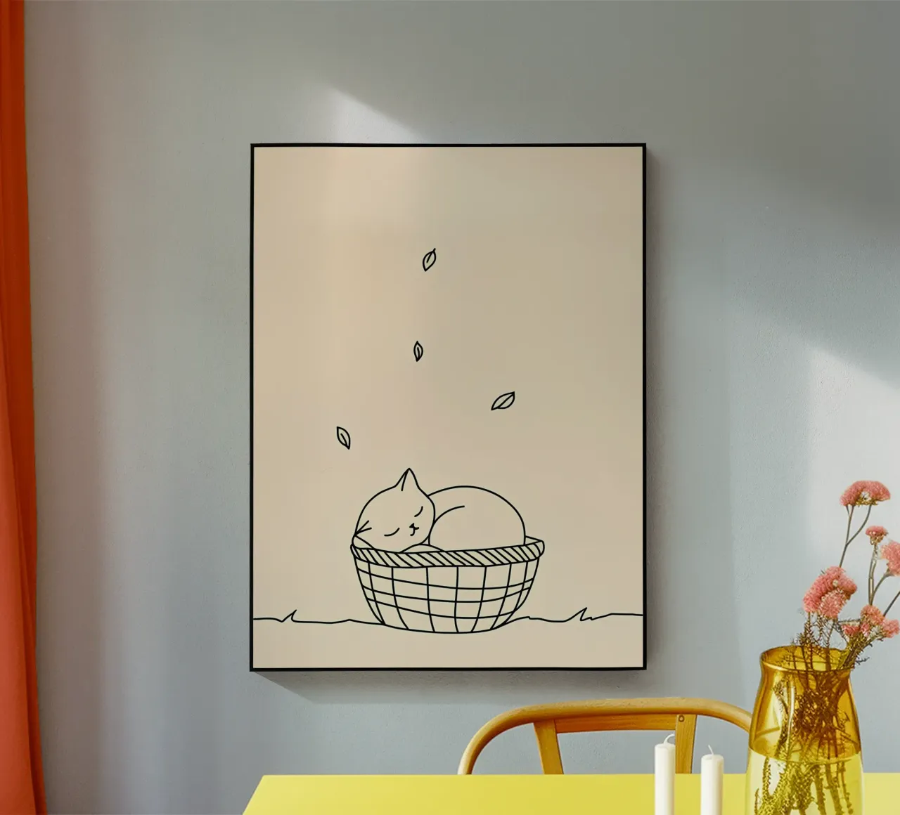 Disegno lineare minimalista di un gatto in un cesto | Modern Abstra plexiglass da Viv Line Art