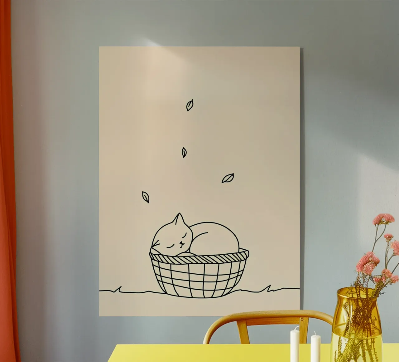 Disegno lineare minimalista di un gatto in un cesto | Modern Abstra plexiglass da Viv Line Art