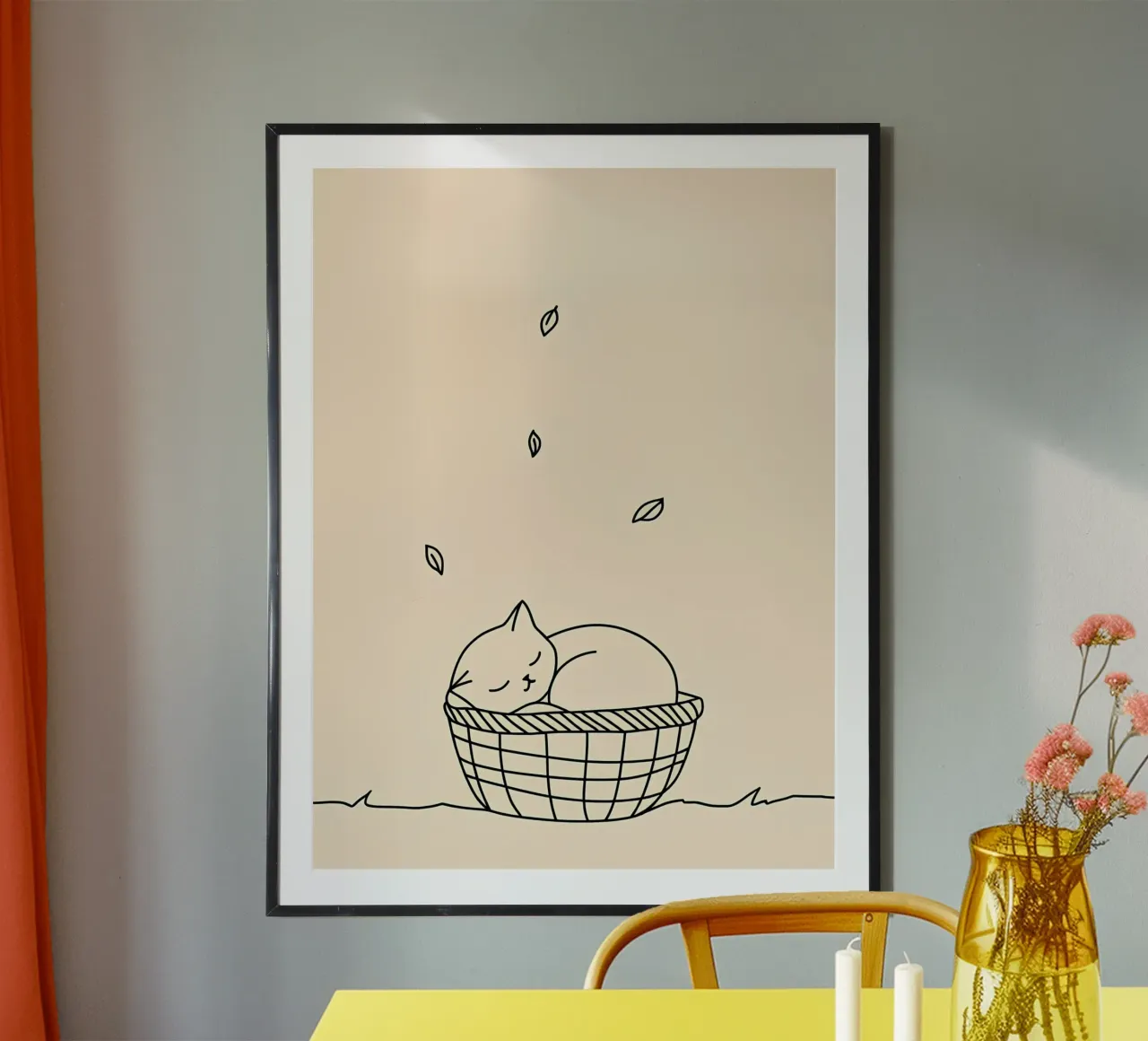 Disegno lineare minimalista di un gatto in un cesto | Modern Abstra poster da Viv Line Art