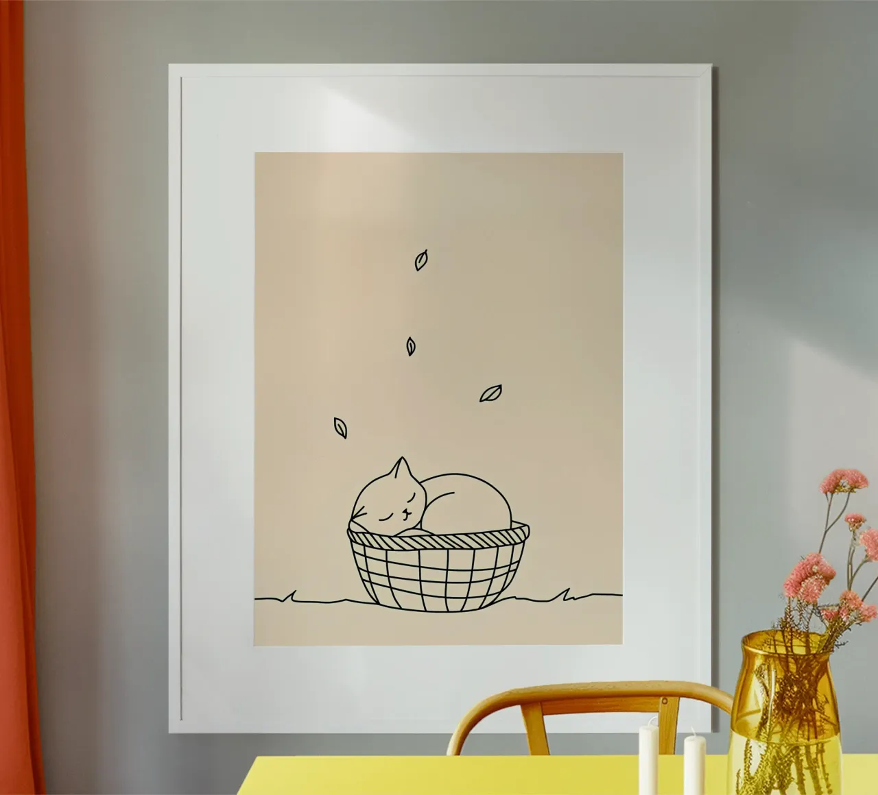 Disegno lineare minimalista di un gatto in un cesto | Modern Abstra poster da Viv Line Art