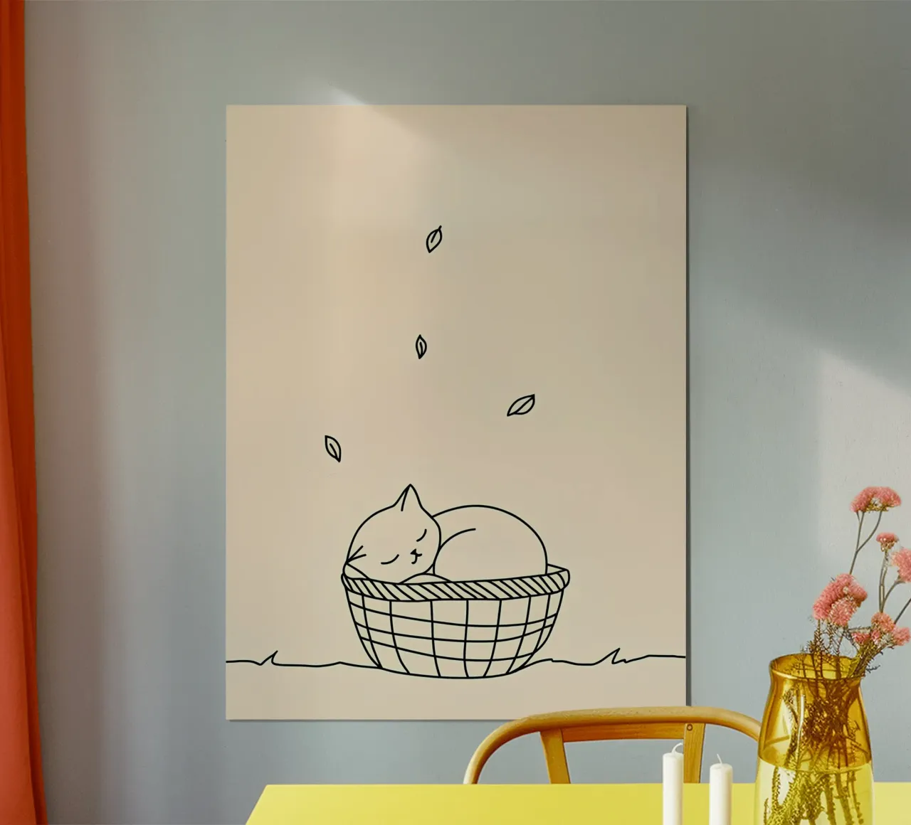 Disegno lineare minimalista di un gatto in un cesto | Modern Abstra poster da Viv Line Art