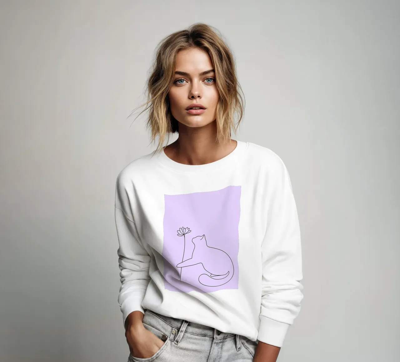 Dessin au trait minimaliste d'un chat avec une fleur | Modern Abstra sweat de Viv Line Art