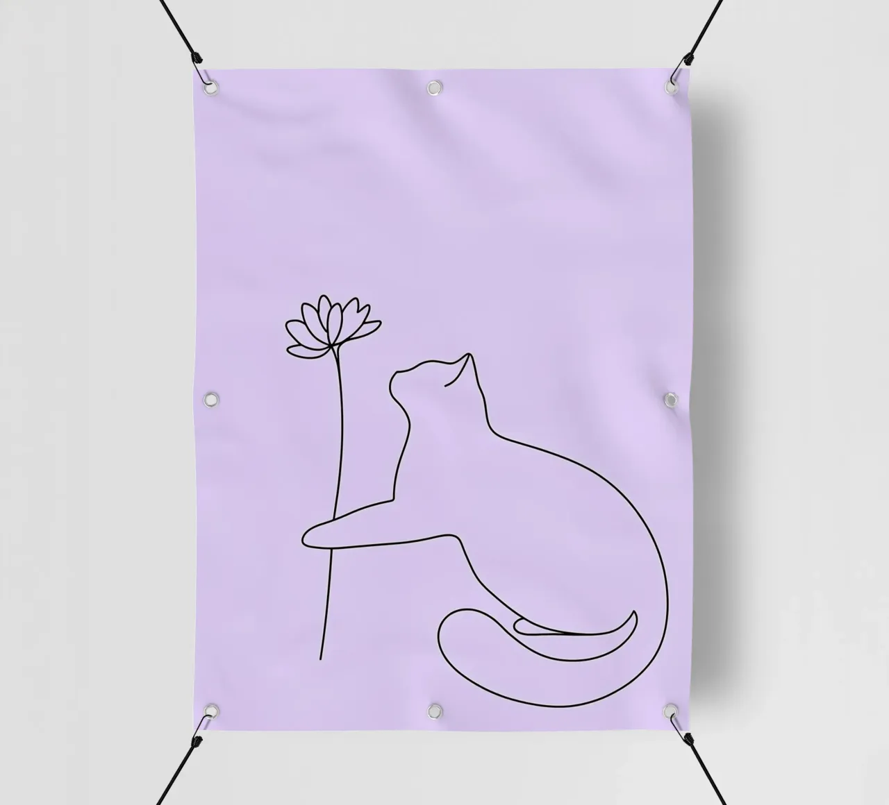 Disegno lineare minimalista di un gatto con un fiore | Abstra moderno telo in pvc da Viv Line Art