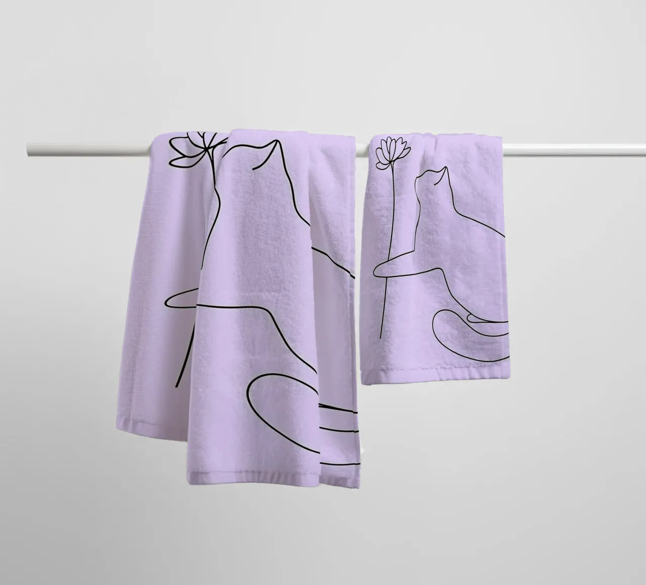 Dessin au trait minimaliste d'un chat avec une fleur | Modern Abstra serviette de bain de Viv Line Art