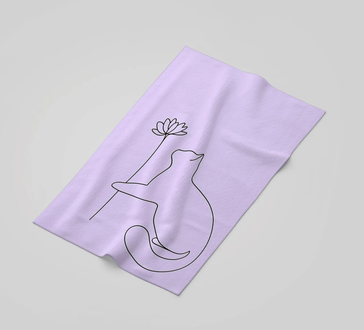 Disegno lineare minimalista di un gatto con un fiore | Abstra moderno telo mare da Viv Line Art