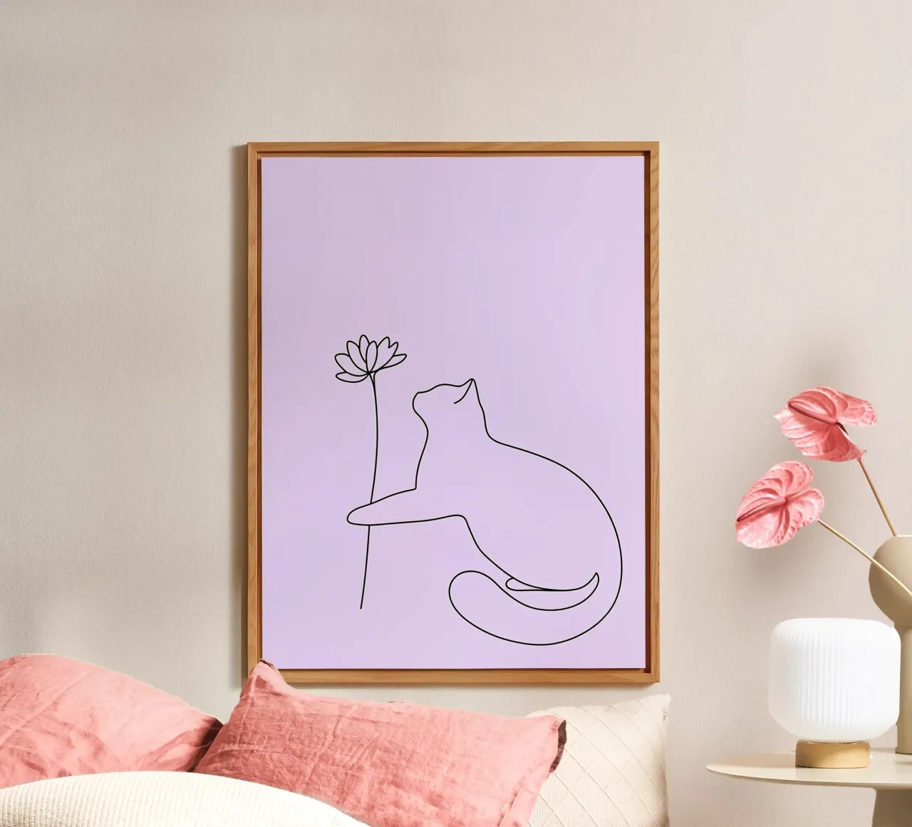 Disegno lineare minimalista di un gatto con un fiore | Abstra moderno alluminio dibond da Viv Line Art