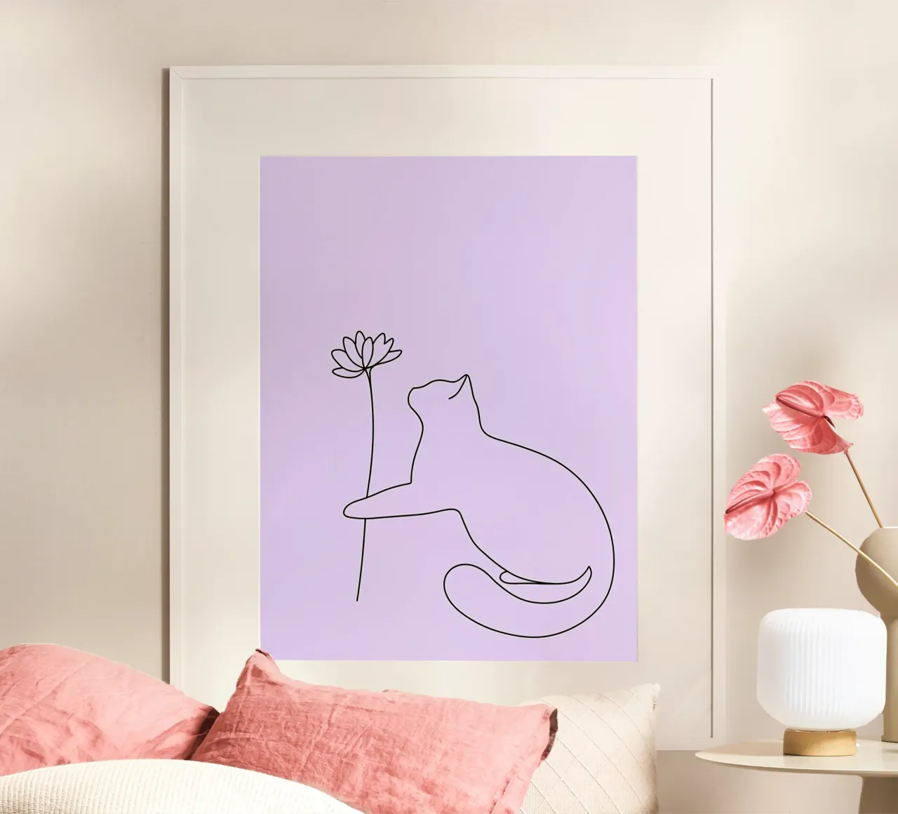 Disegno lineare minimalista di un gatto con un fiore | Abstra moderno poster da Viv Line Art