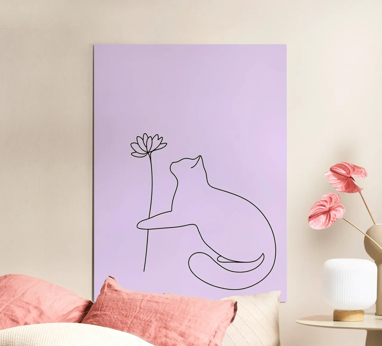 Disegno lineare minimalista di un gatto con un fiore | Abstra moderno poster da Viv Line Art
