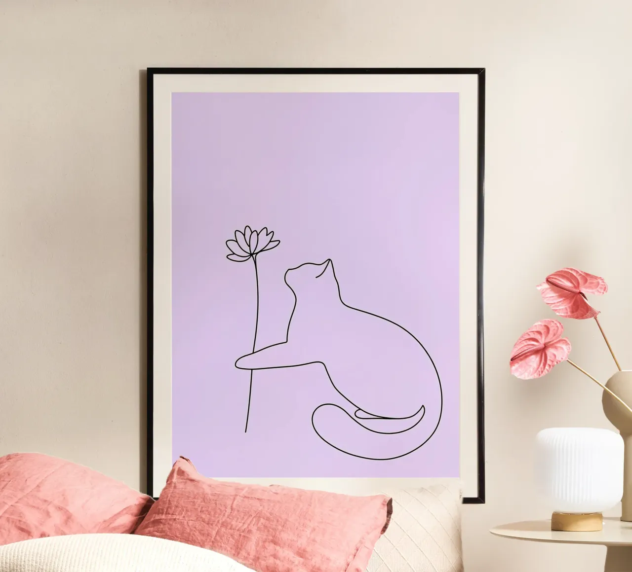 Disegno lineare minimalista di un gatto con un fiore | Abstra moderno poster da Viv Line Art