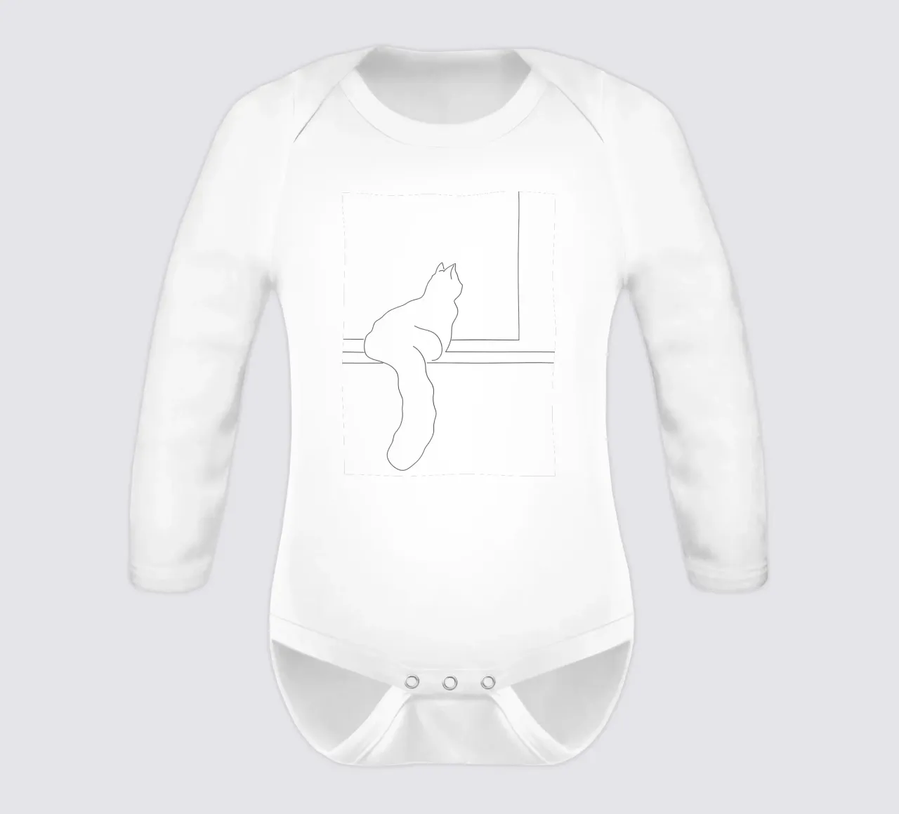 Minimalist Line Drawing of a Cat Sitting on a Window Sill long-sleeve baby romper by Viv Line Art