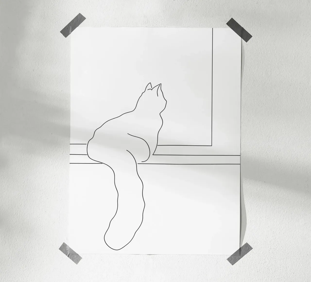 Minimalist Line Drawing of a Cat Sitting on a Window Sill hahnemühle by Viv Line Art