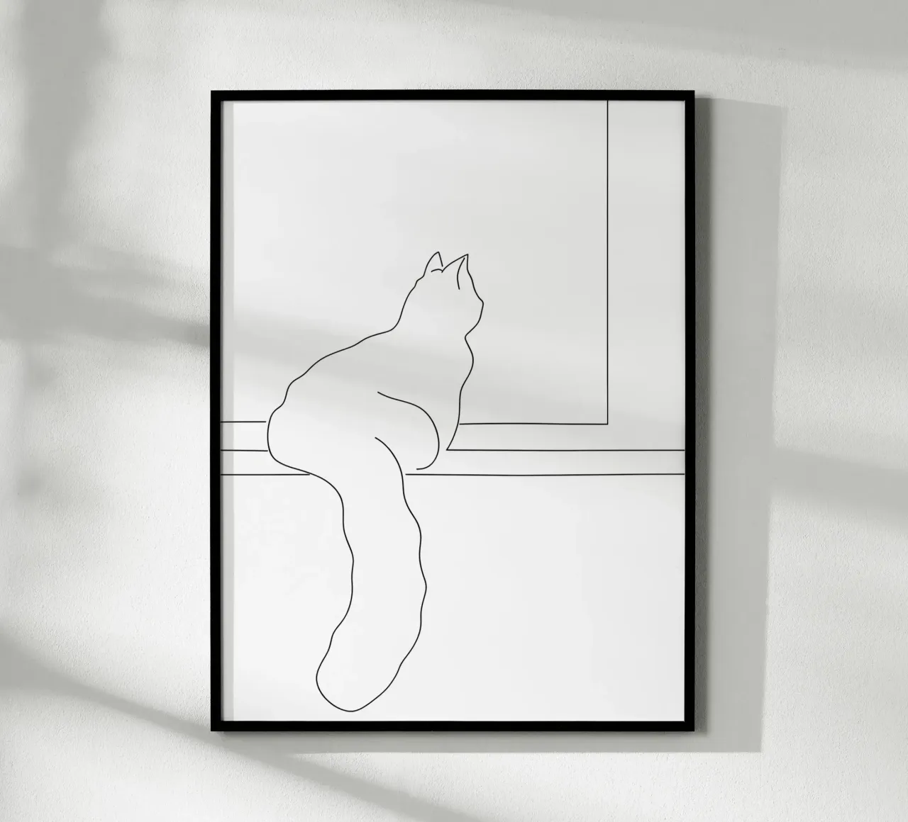 Dessin minimaliste d'un chat assis sur le rebord d'une fenêtre poster avec cadre en bois de Viv Line Art