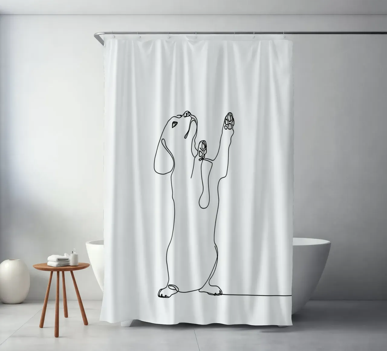 Minimalistische Strichzeichnung eines tanzenden Dackels | Modern Abst Duschvorhang von Viv Line Art